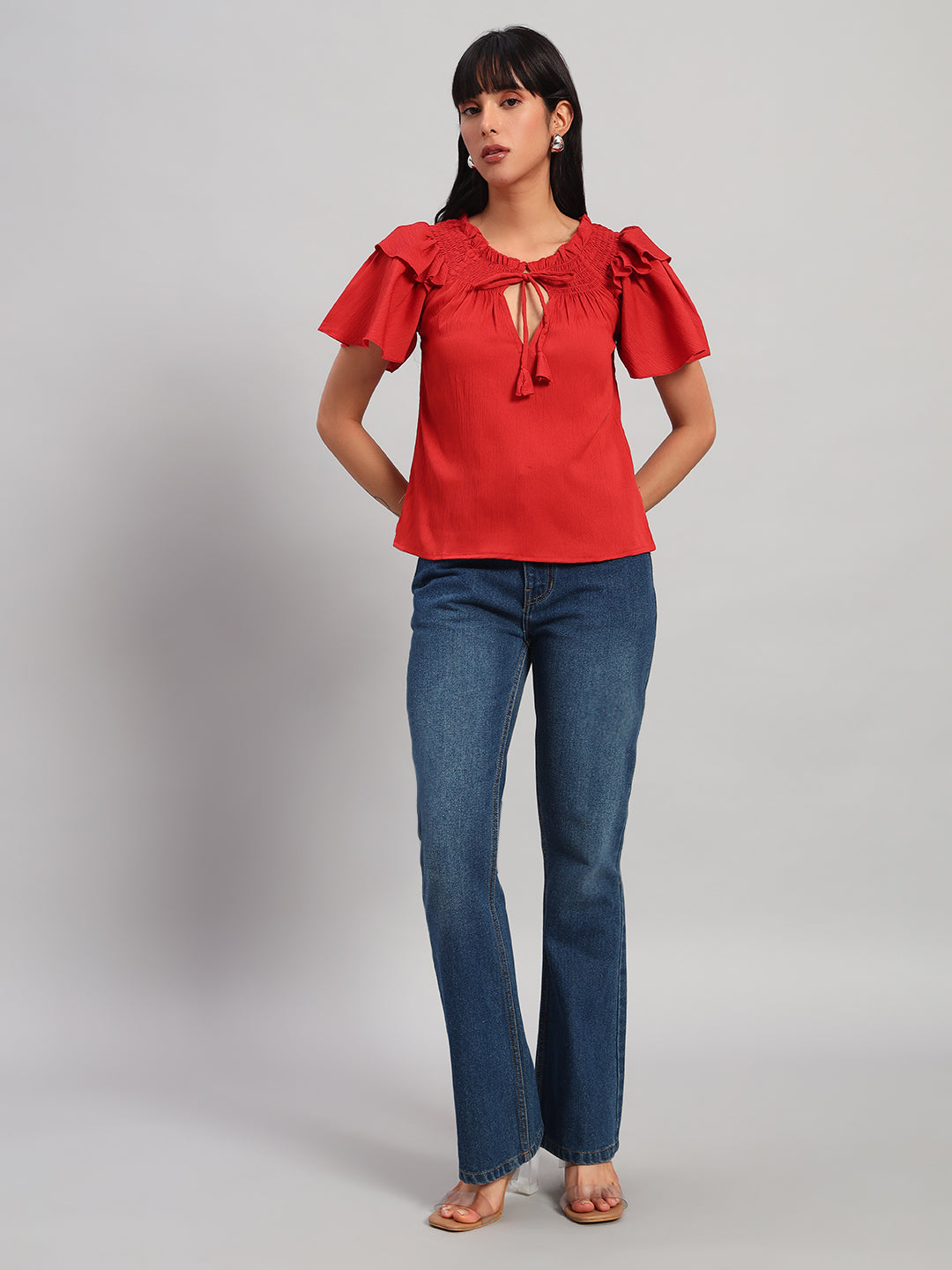 Women Red Smocked Round neck Regular Top