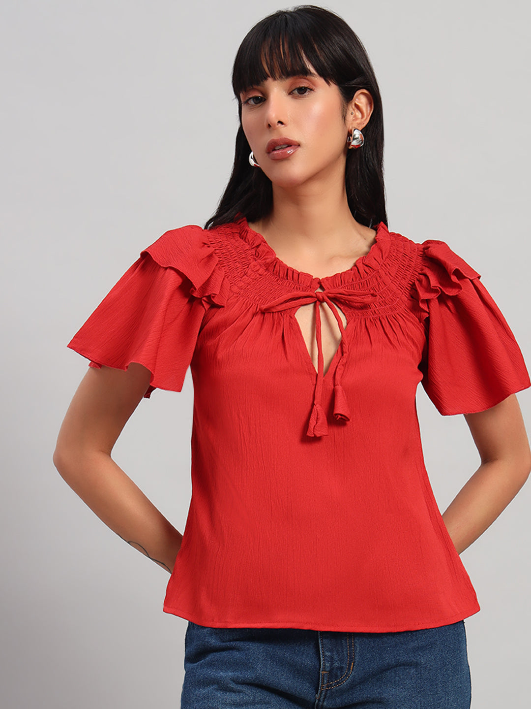 Women Red Smocked Round neck Regular Top