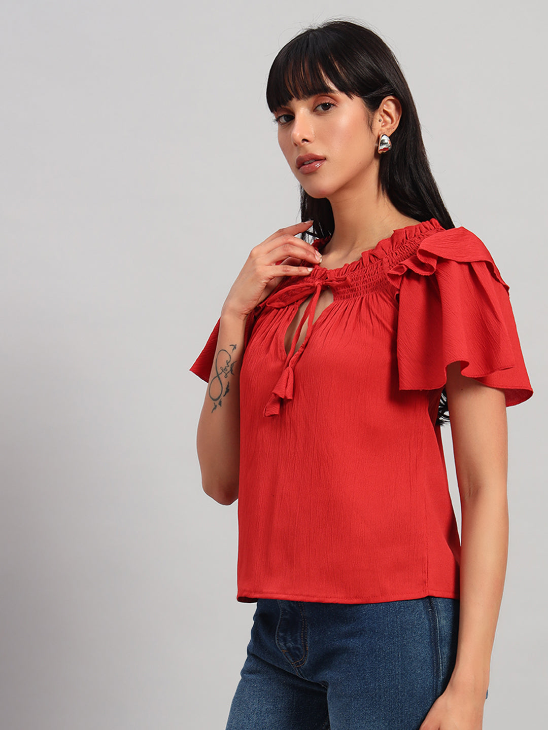 Women Red Smocked Round neck Regular Top