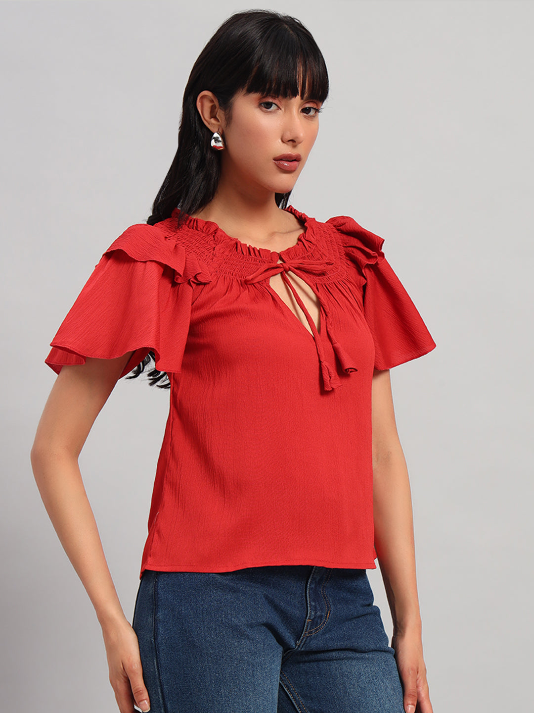Women Red Smocked Round neck Regular Top