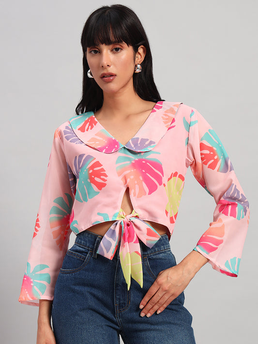 Women Peach V-Neck Front Knot Crop Top