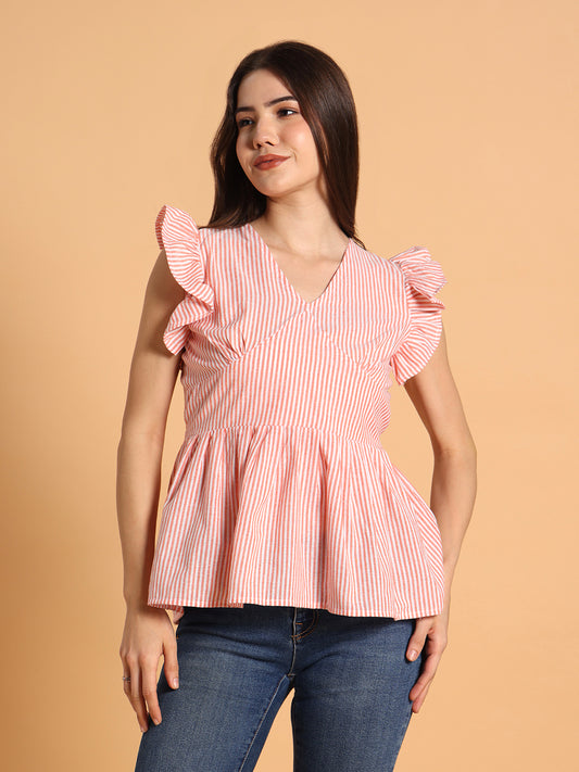 Peach Striped detailing Peplum Top For women