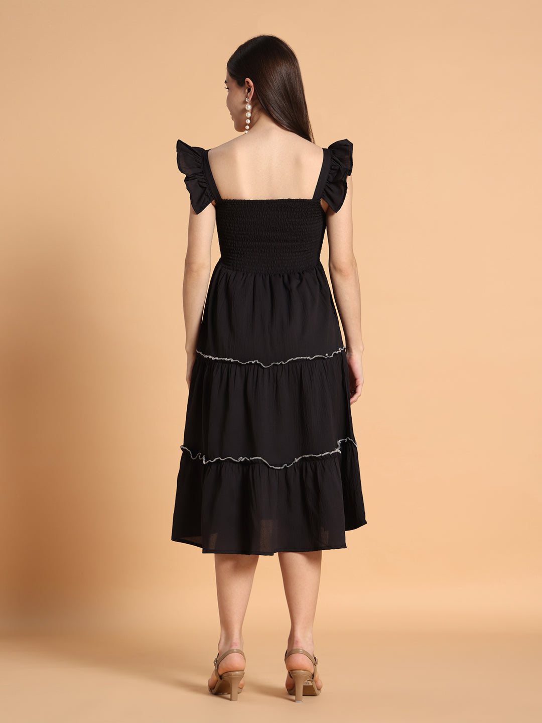Ruffled Shoulder straps with smocking Solid fit & Flared Dress