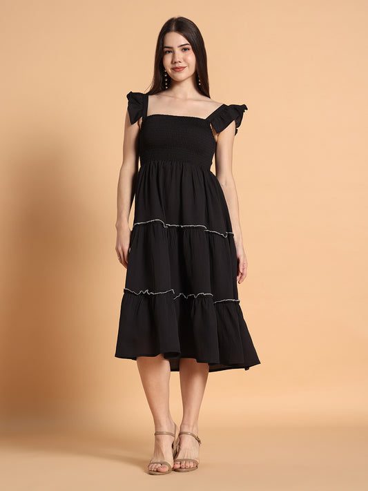 Ruffled Shoulder straps with smocking Solid fit & Flared Dress