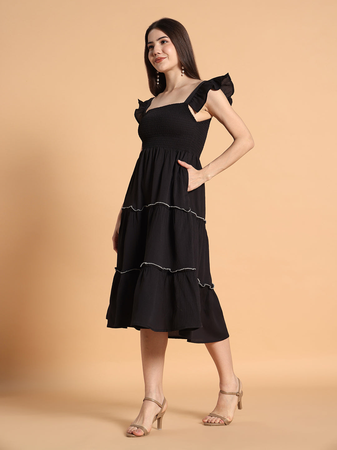 Ruffled Shoulder straps with smocking Solid fit & Flared Dress