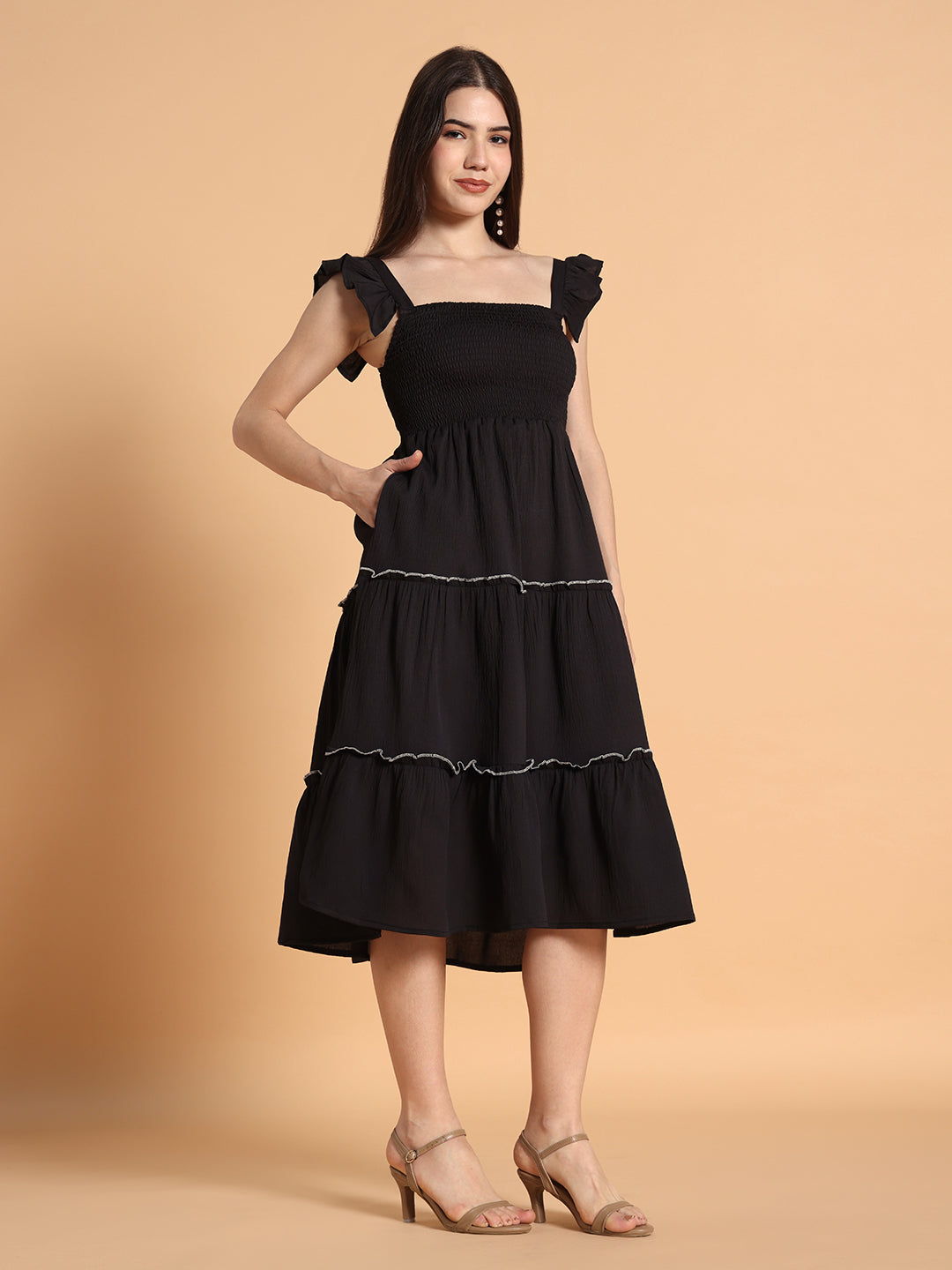 Ruffled Shoulder straps with smocking Solid fit & Flared Dress