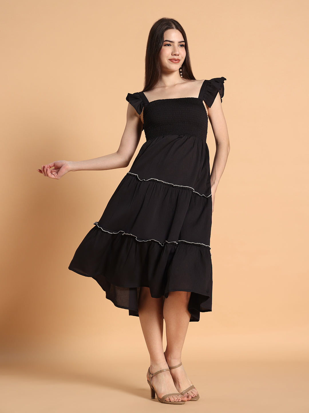 Ruffled Shoulder straps with smocking Solid fit & Flared Dress