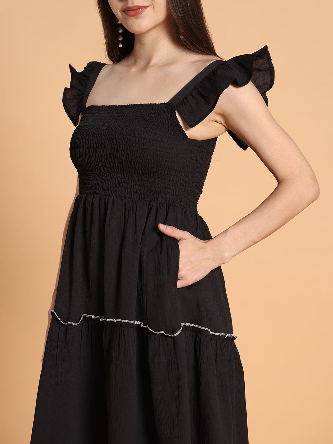 Ruffled Shoulder straps with smocking Solid fit & Flared Dress