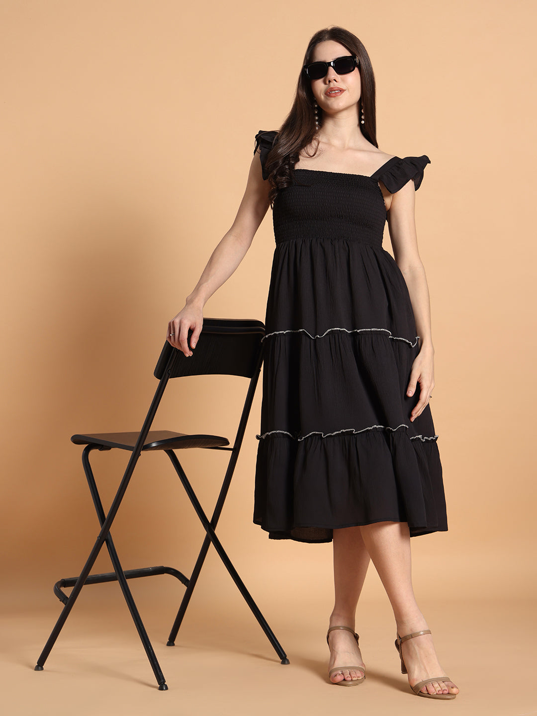 Ruffled Shoulder straps with smocking Solid fit & Flared Dress