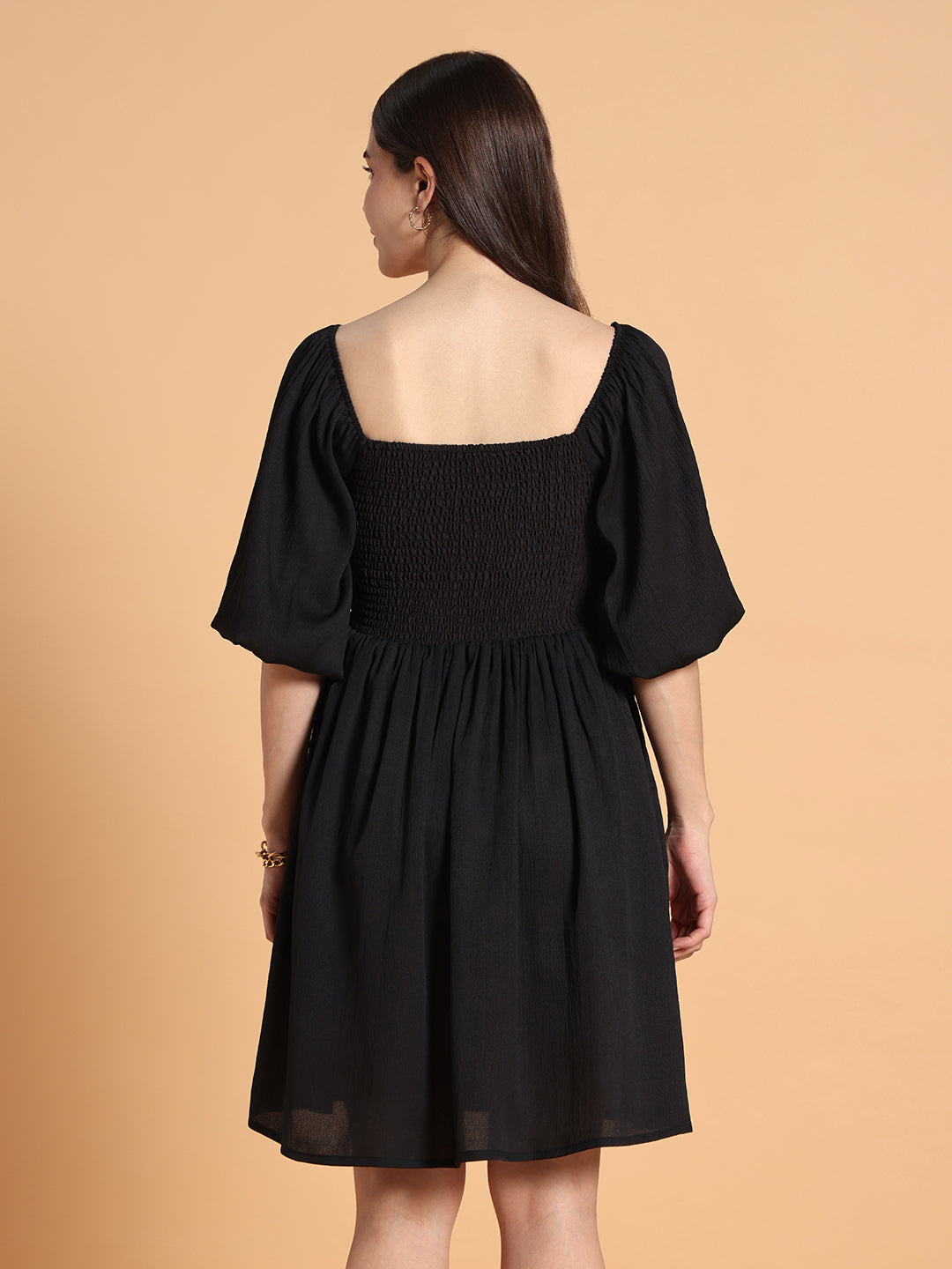 Women Black Solid Puff Sleeve Flared Dress