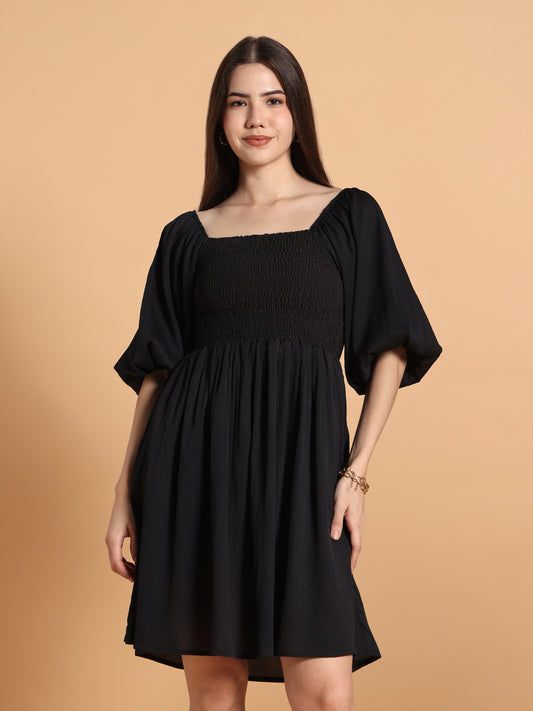 Women Black Solid Puff Sleeve Flared Dress