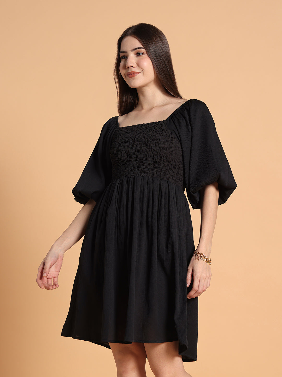 Women Black Solid Puff Sleeve Flared Dress