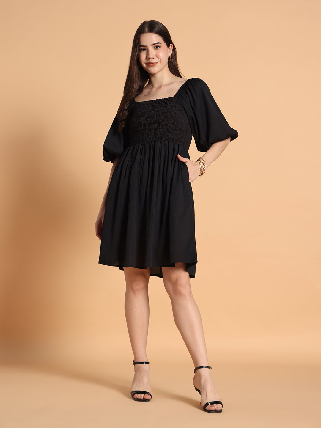 Women Black Solid Puff Sleeve Flared Dress