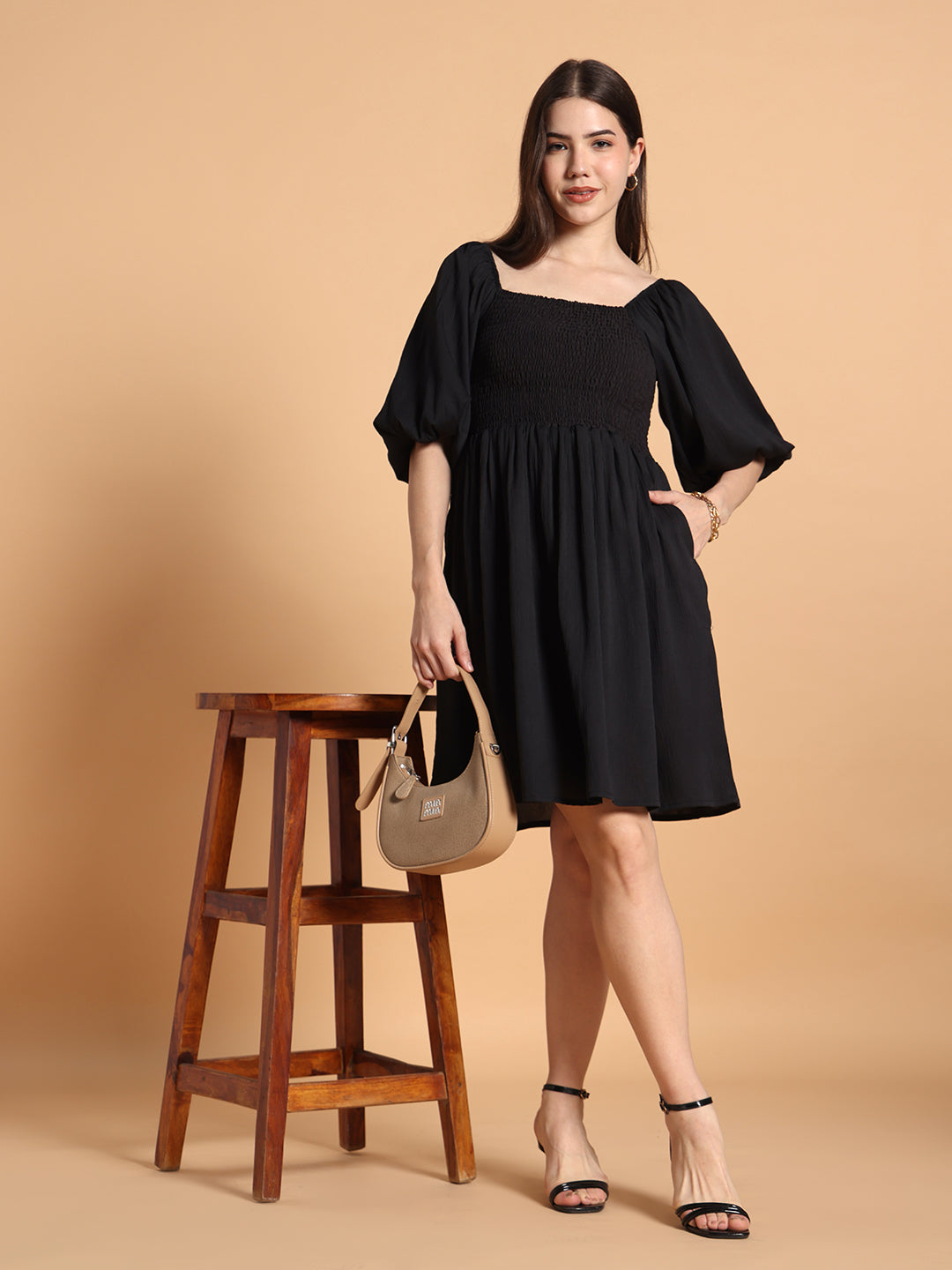Women Black Solid Puff Sleeve Flared Dress