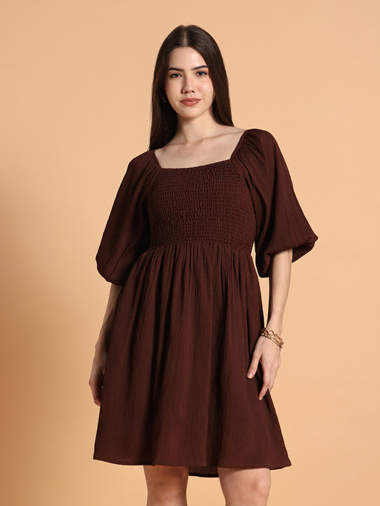 Women solid Smocking Flared Dress