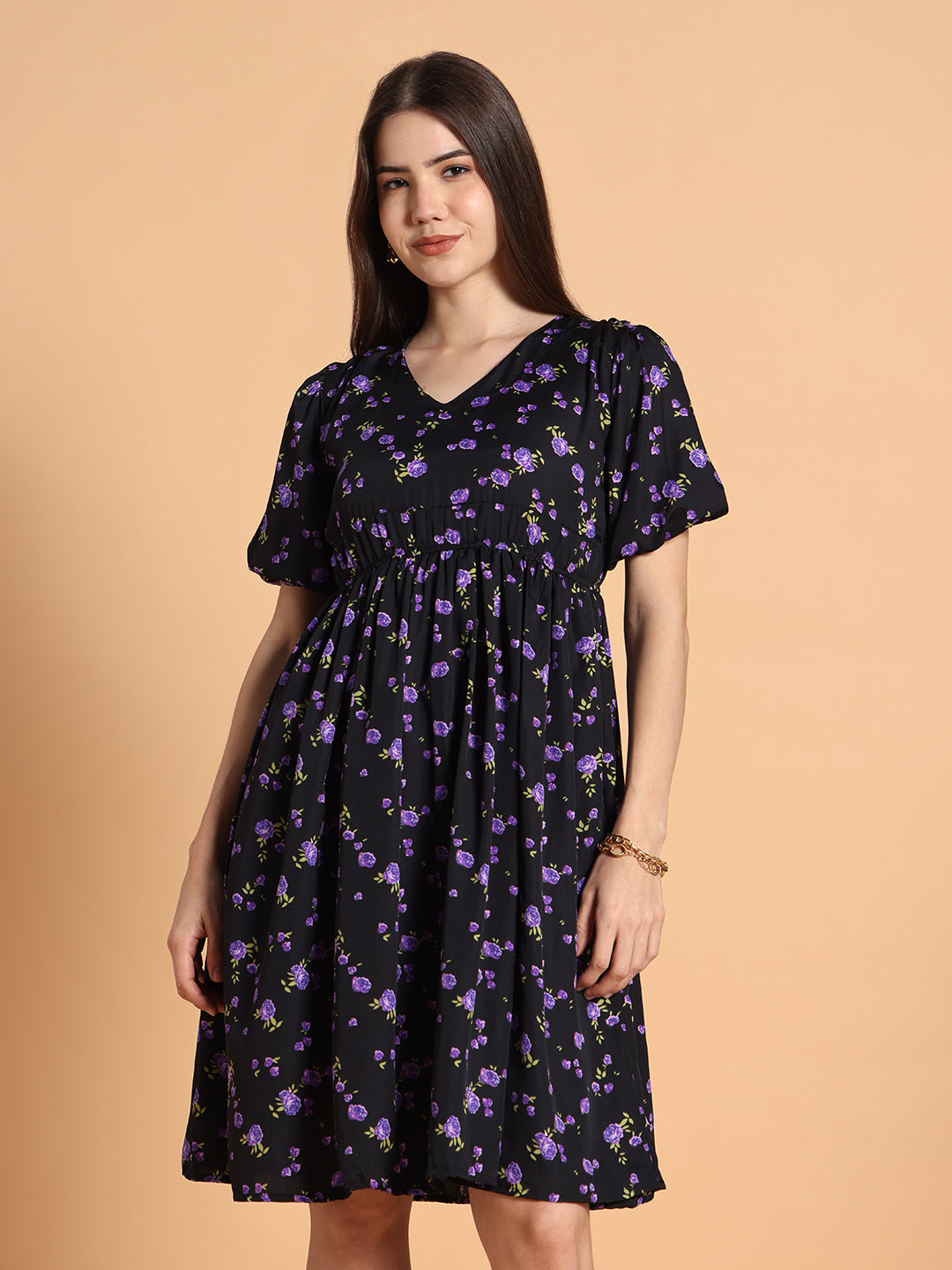 Women Black & Purple Floral Dress