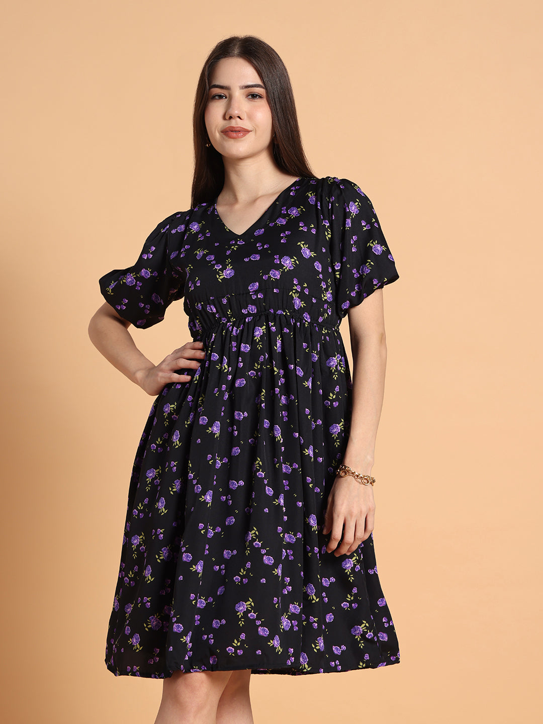 Women Black & Purple Floral Dress