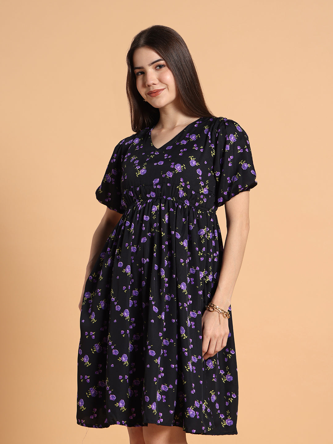 Women Black & Purple Floral Dress