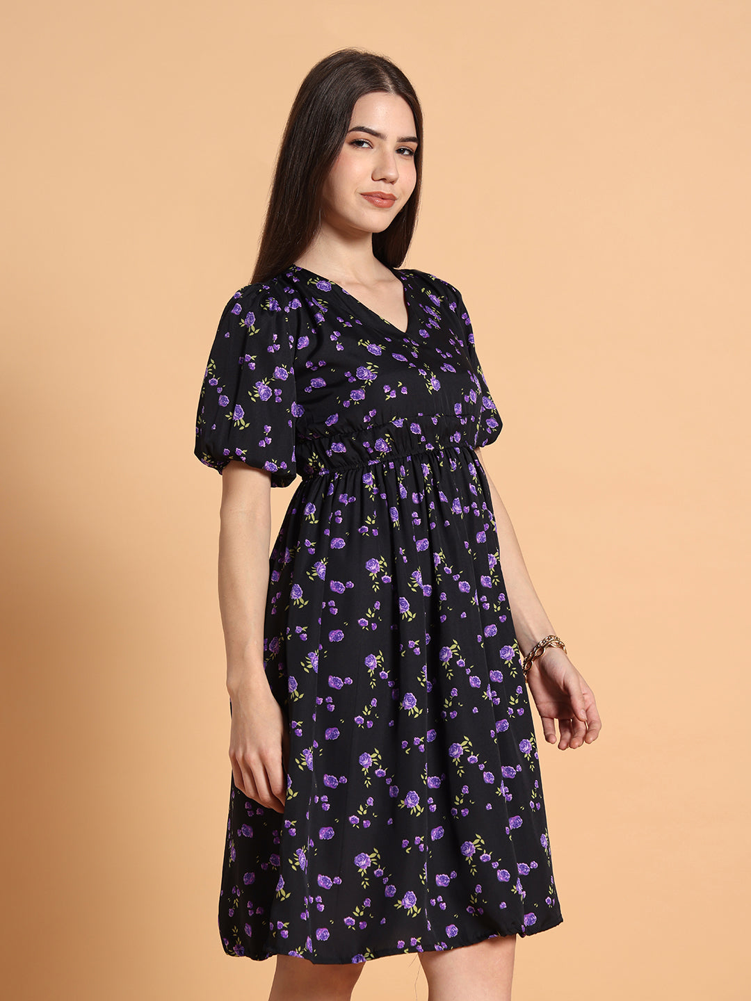 Women Black & Purple Floral Dress