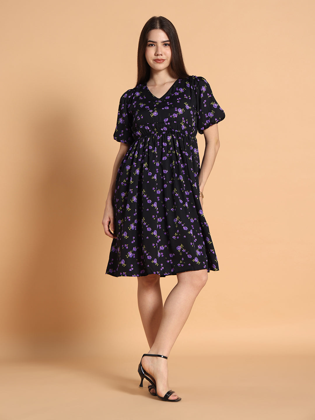 Women Black & Purple Floral Dress