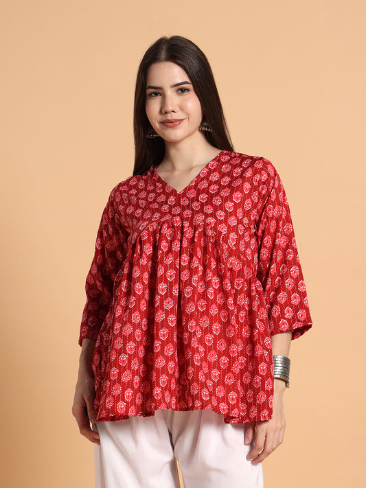 Women Floral Printed Red Tunic Top