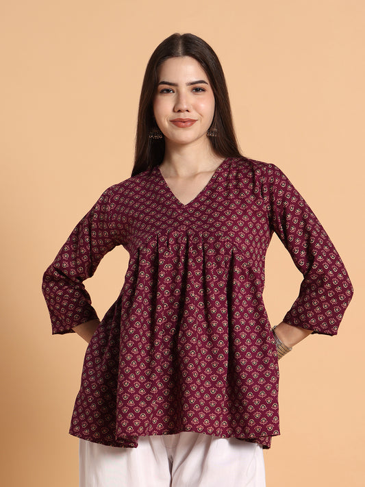 Women Floral Printed Maroon Tunic Top