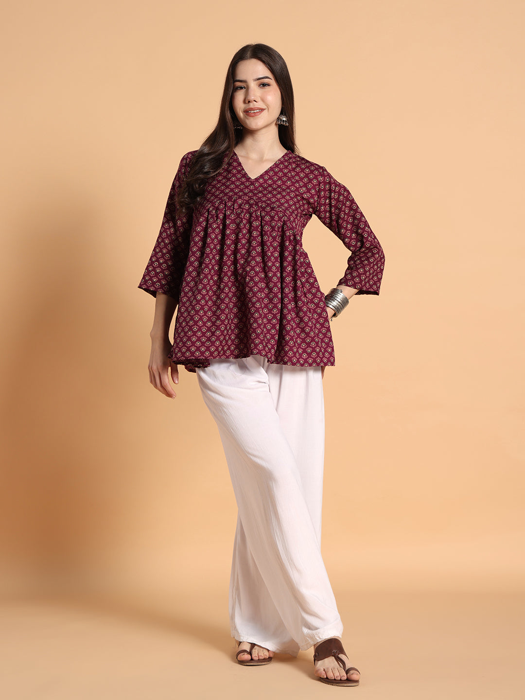 Women Floral Printed Maroon Tunic Top