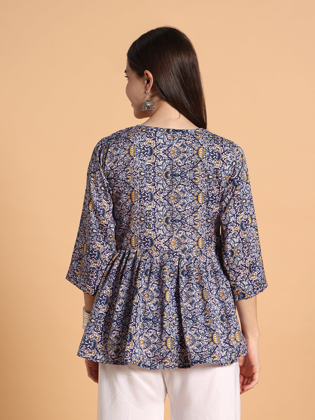 Women Floral Printed Blue Tunic Top