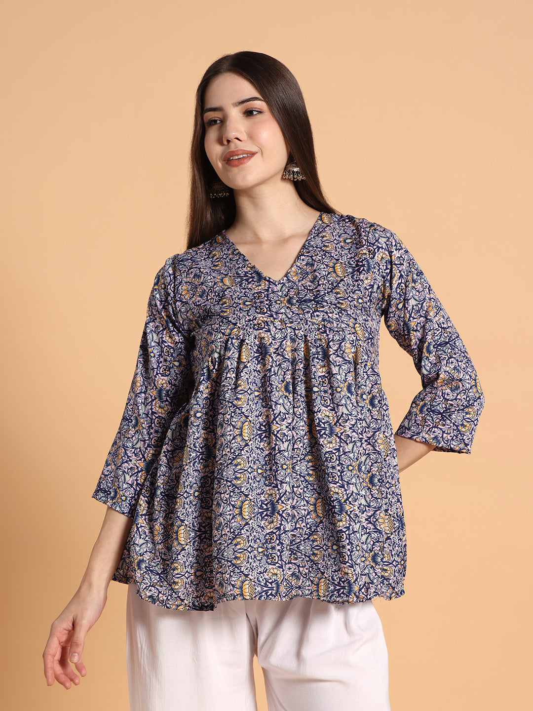 Women Floral Printed Blue Tunic Top