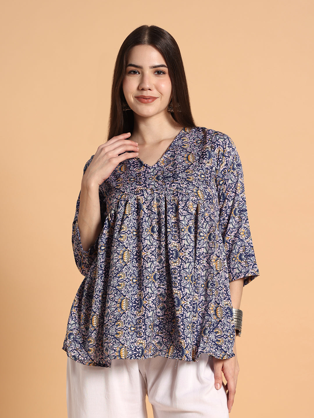 Women Floral Printed Blue Tunic Top