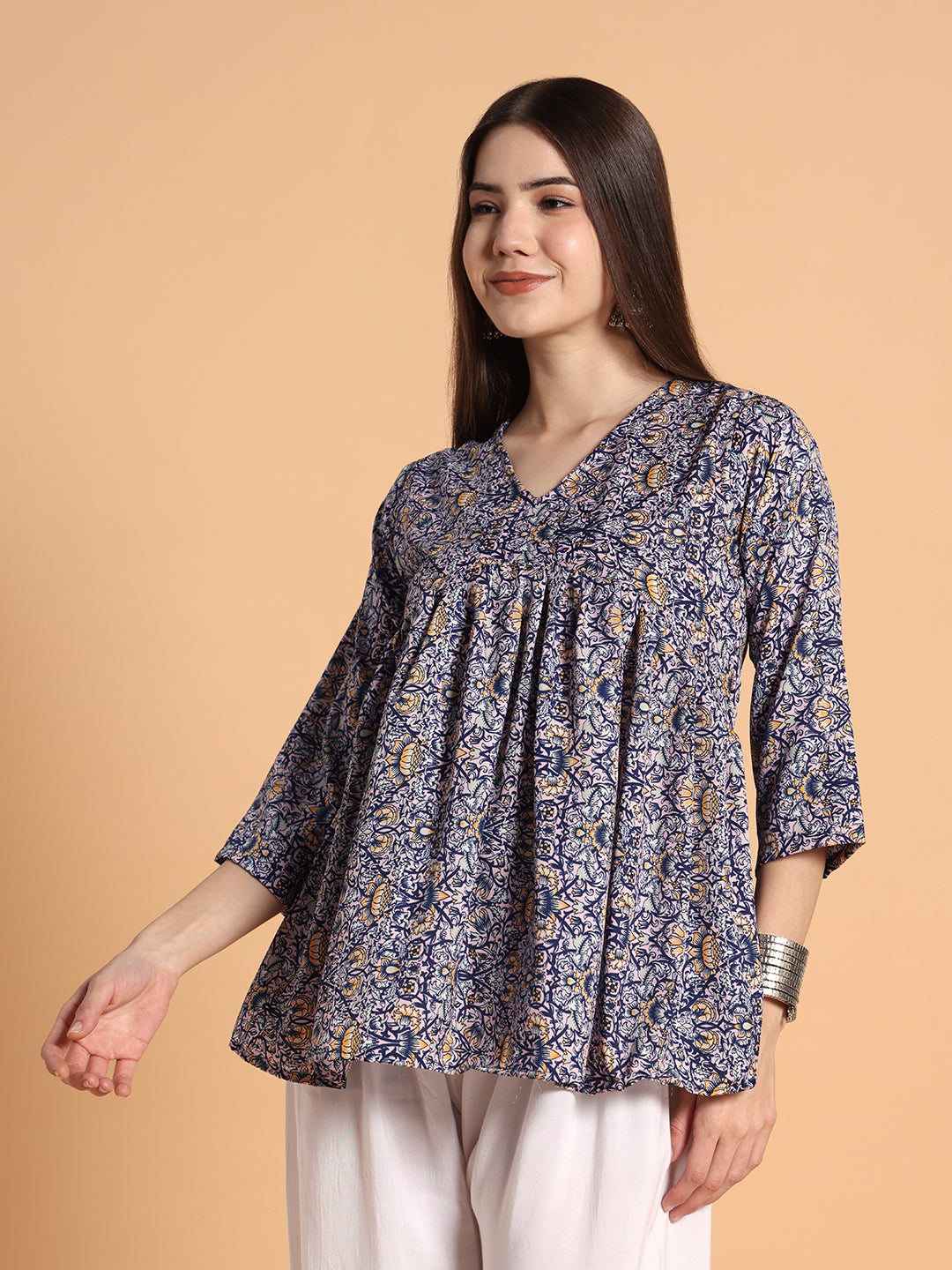 Women Floral Printed Blue Tunic Top