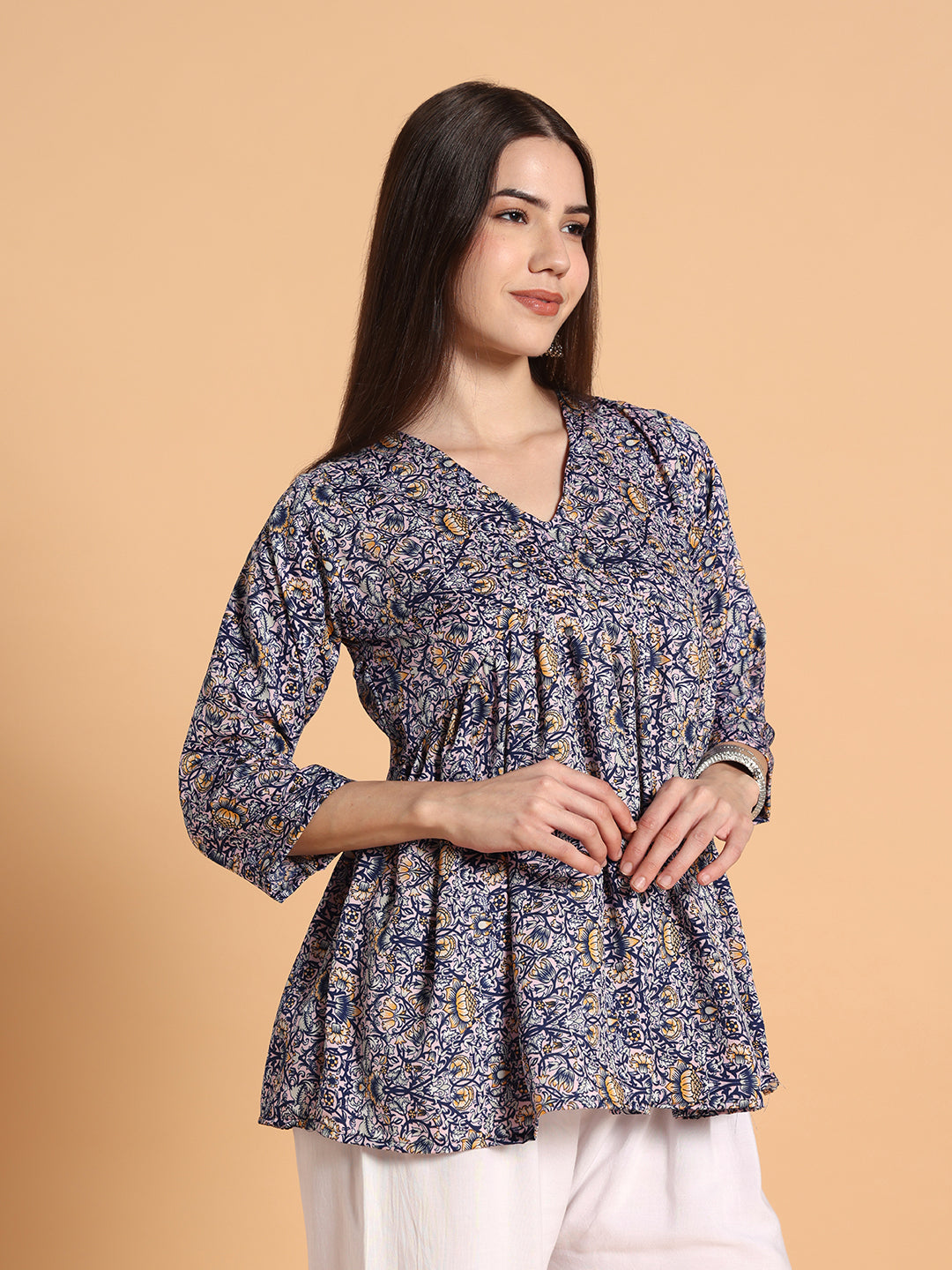 Women Floral Printed Blue Tunic Top