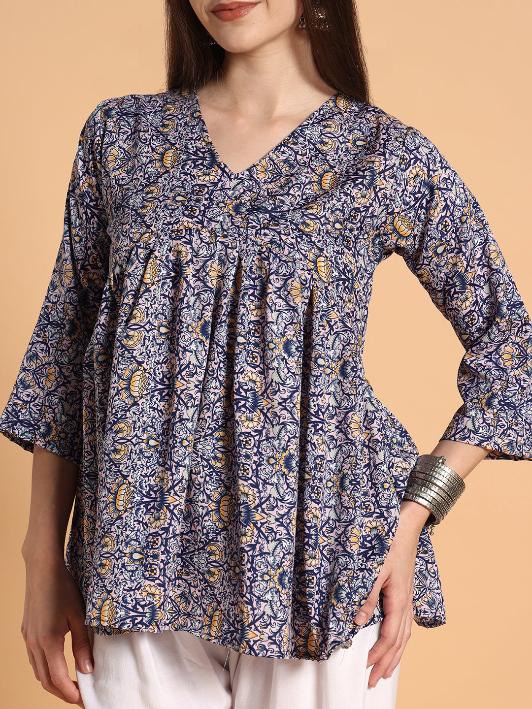 Women Floral Printed Blue Tunic Top