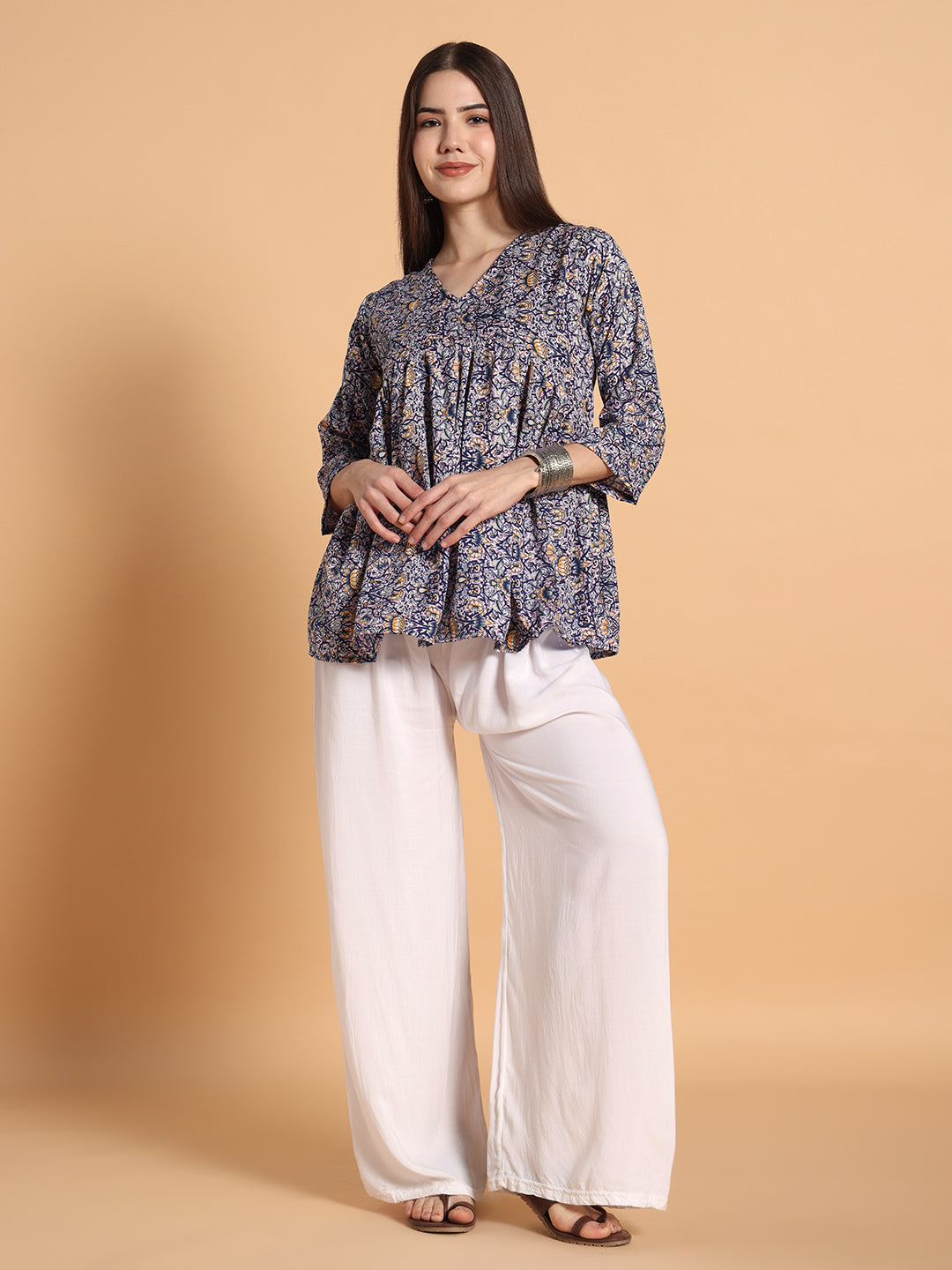 Women Floral Printed Blue Tunic Top