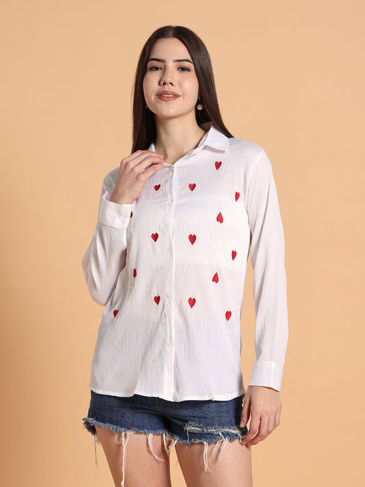 Women White Heart Shaped Print Shirt