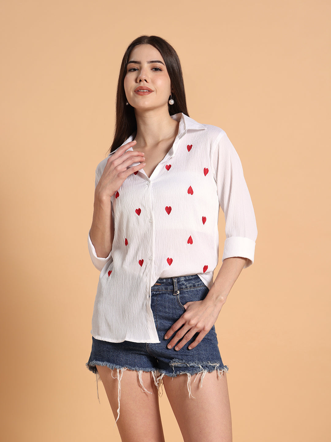 Women White Heart Shaped Print Shirt