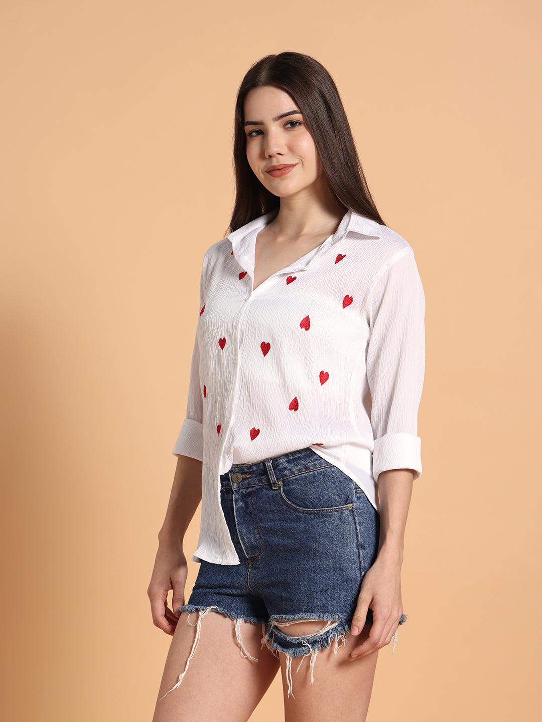 Women White Heart Shaped Print Shirt