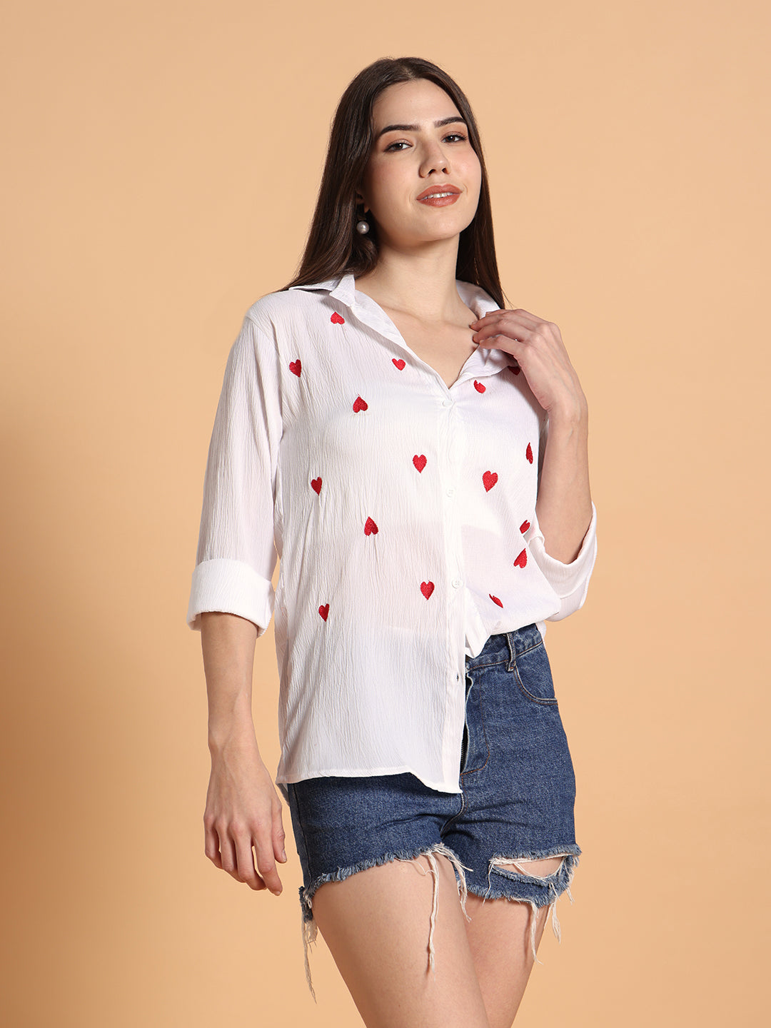 Women White Heart Shaped Print Shirt