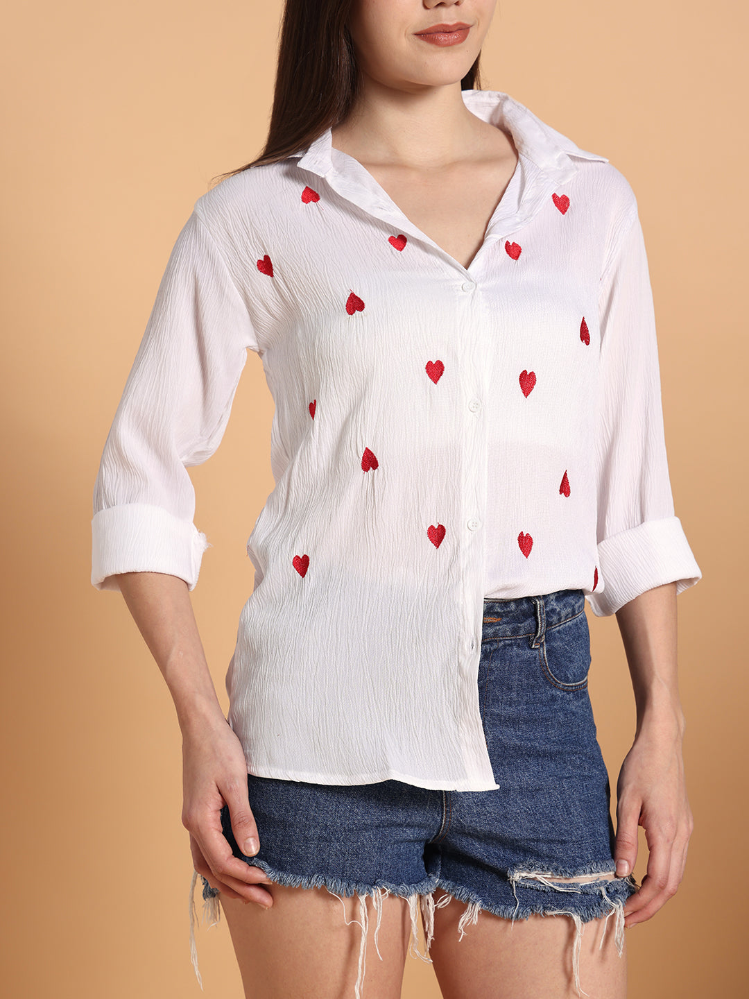 Women White Heart Shaped Print Shirt