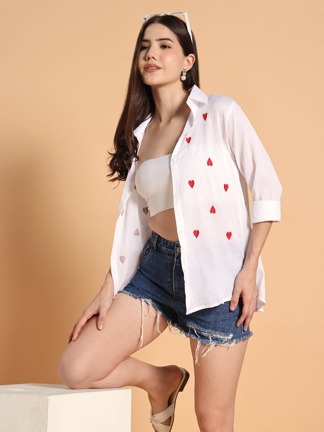 Women White Heart Shaped Print Shirt