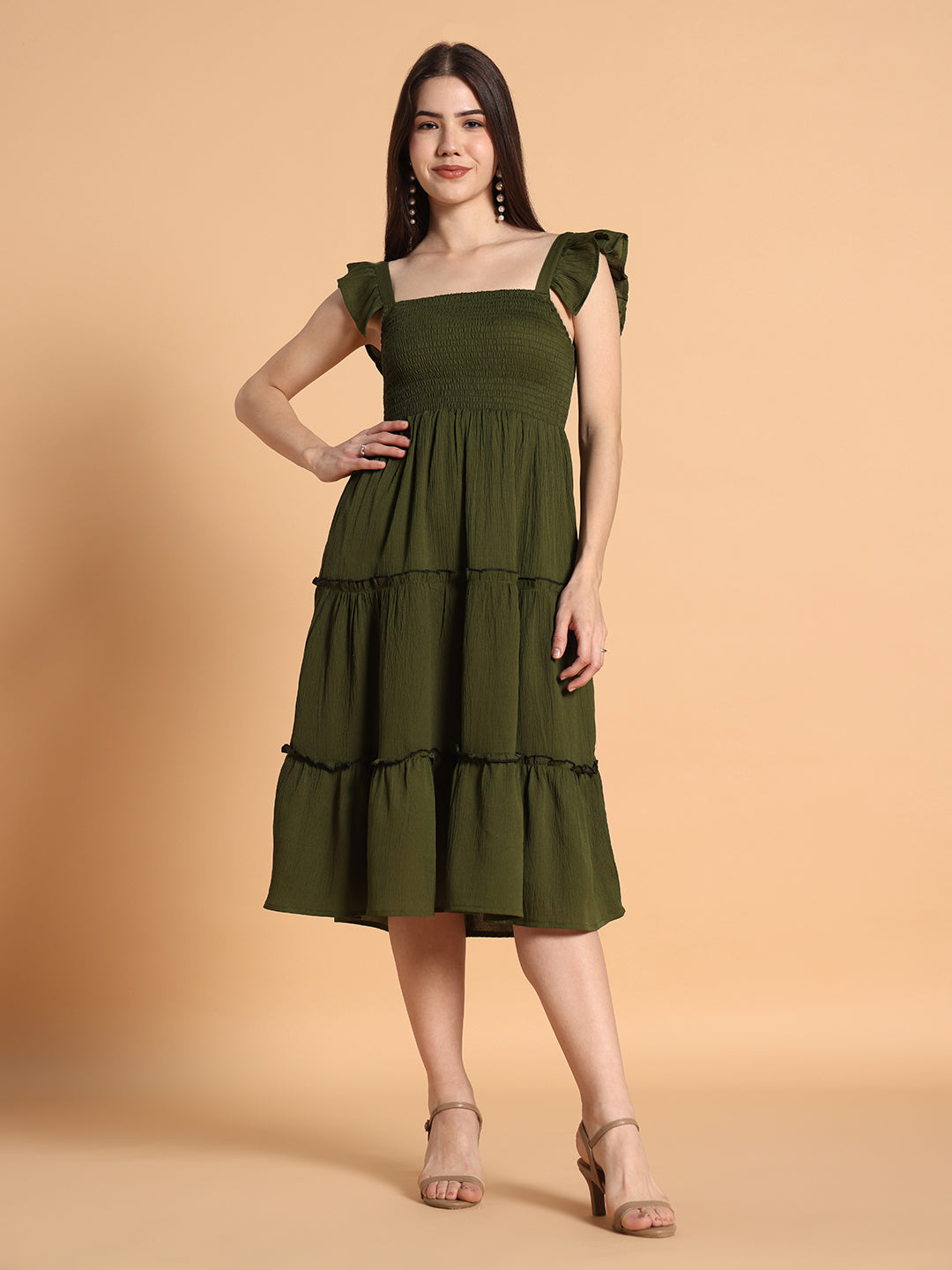 Women Solid Olive Green fit & Flared Dress