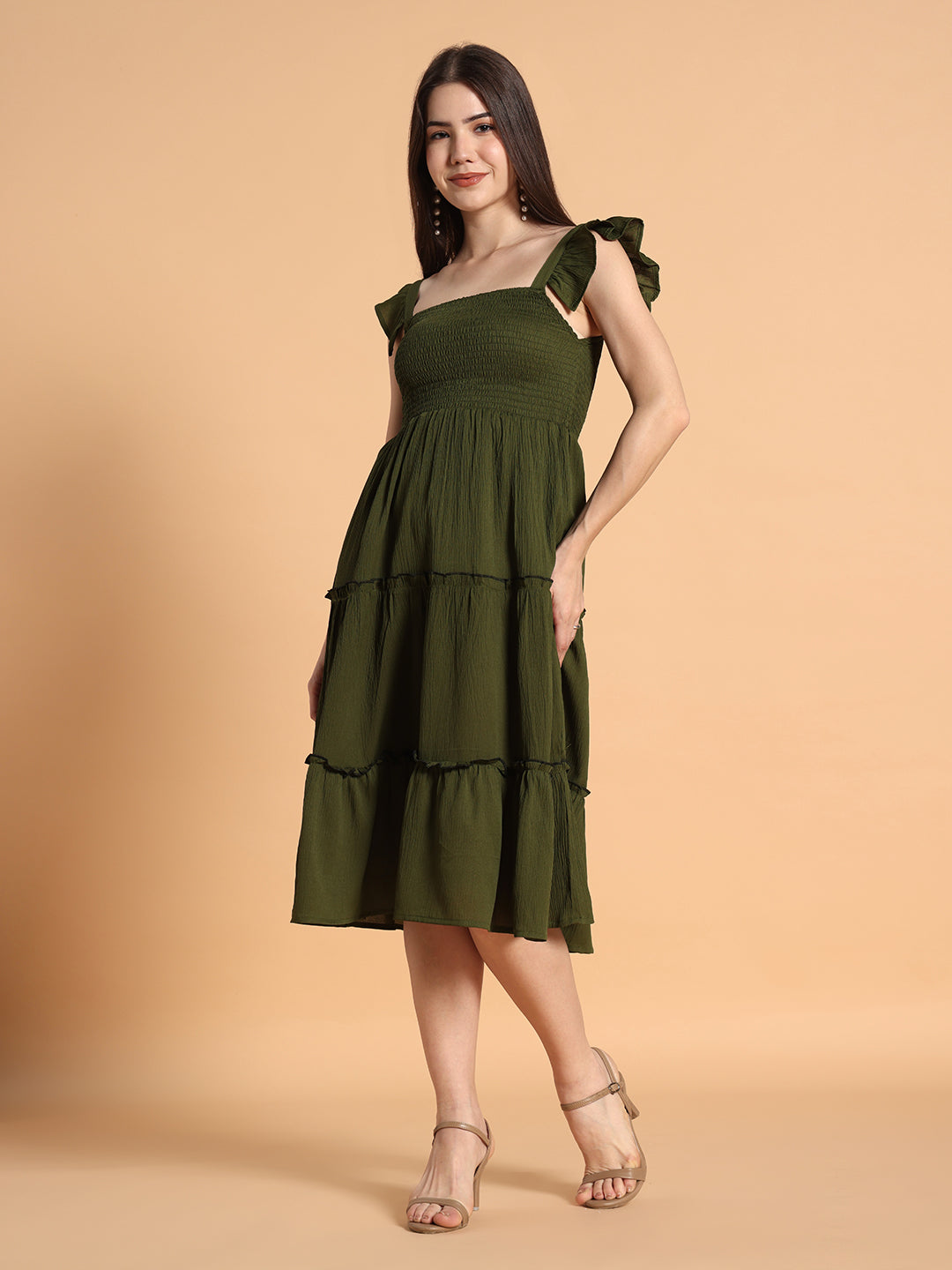 Women Solid Olive Green fit & Flared Dress