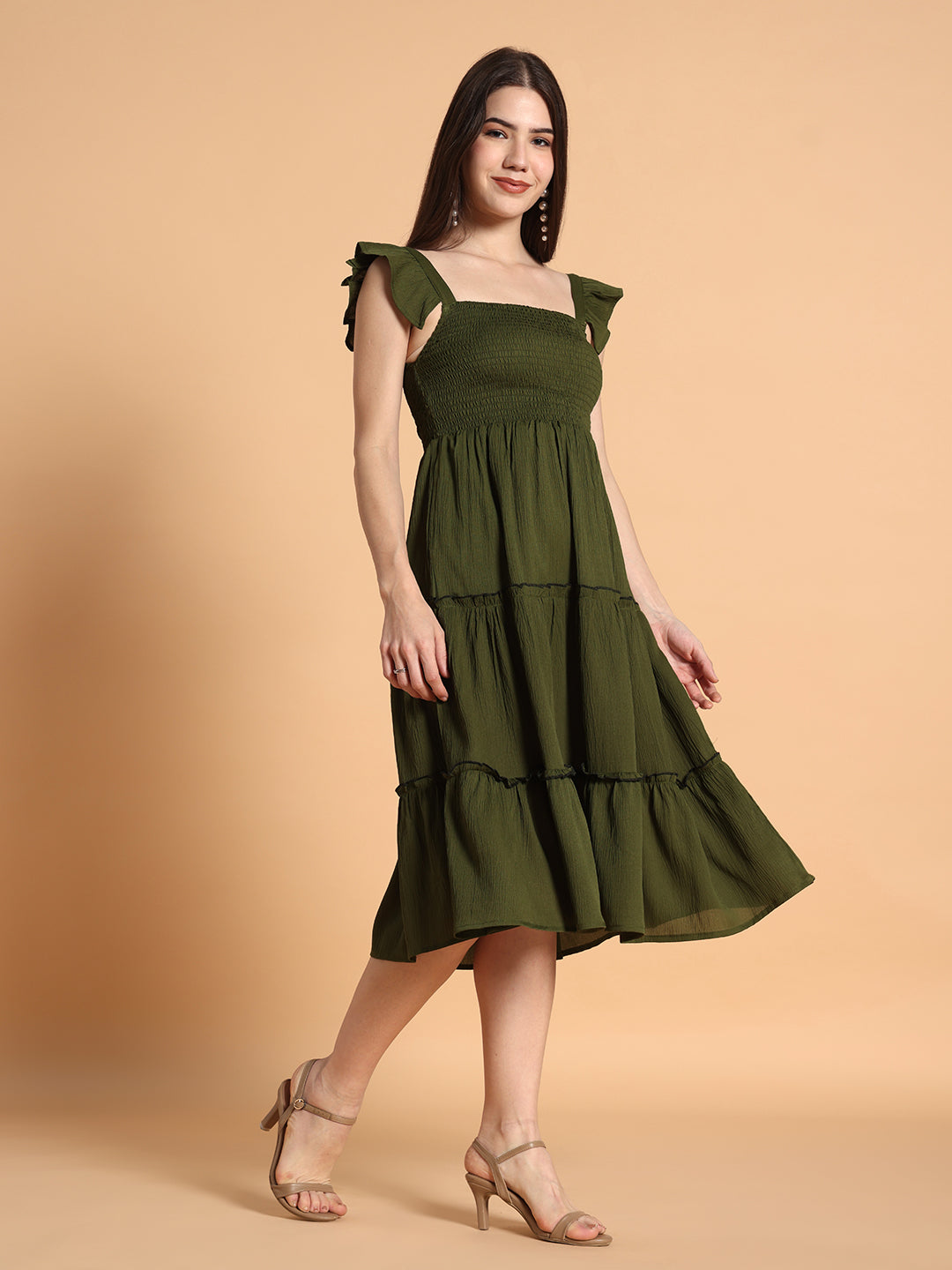 Women Solid Olive Green fit & Flared Dress