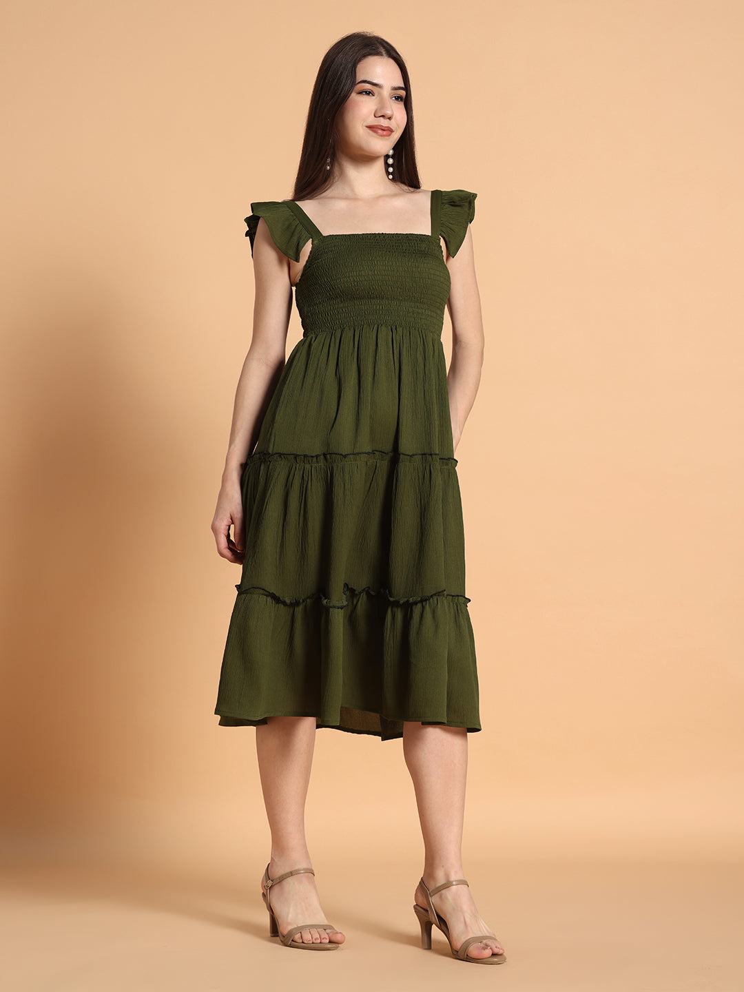 Women Solid Olive Green fit & Flared Dress