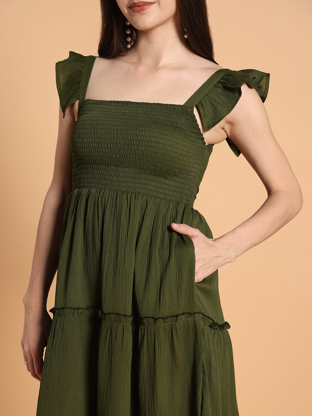Women Solid Olive Green fit & Flared Dress