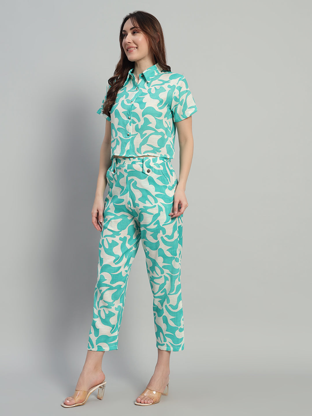 Women Green Printed Shirt Co-Ords