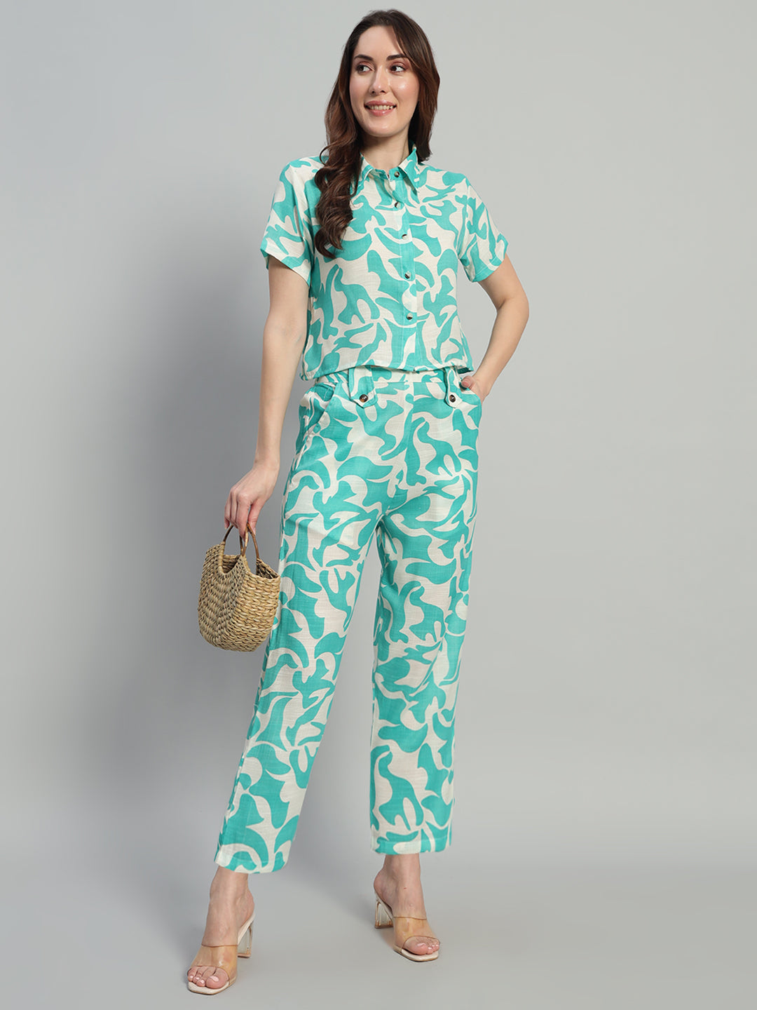 Women Green Printed Shirt Co-Ords