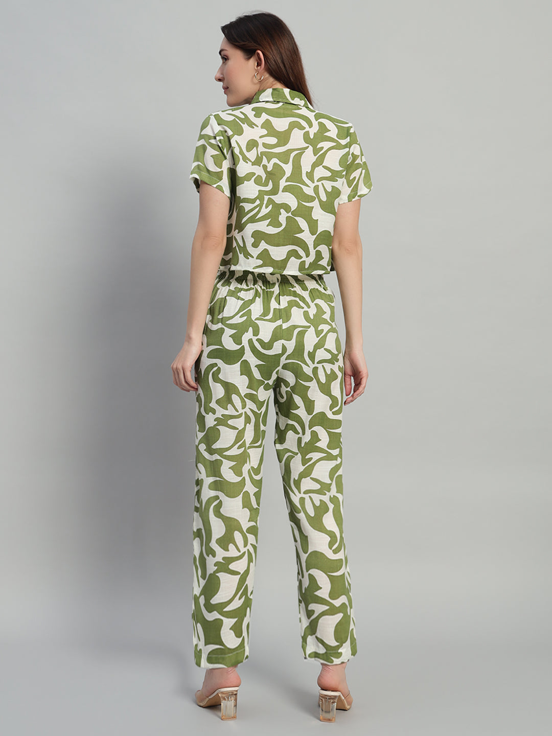 Women Olive Green Printed Shirt Co-Ords