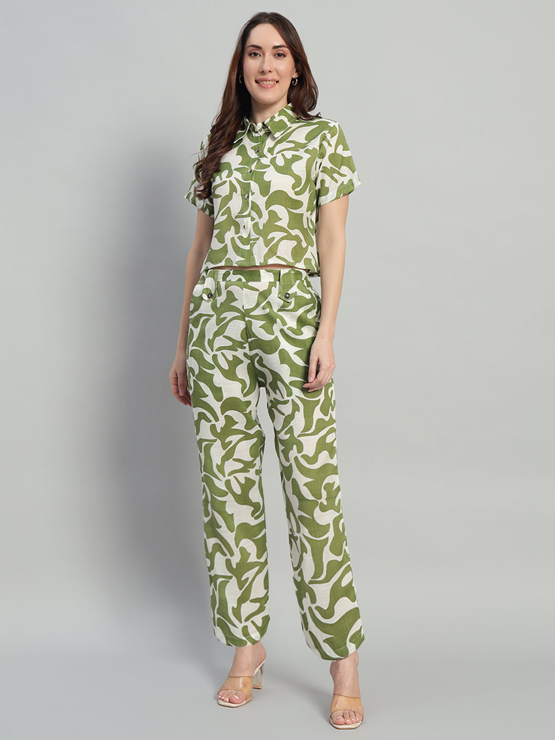 Women Olive Green Printed Shirt Co-Ords