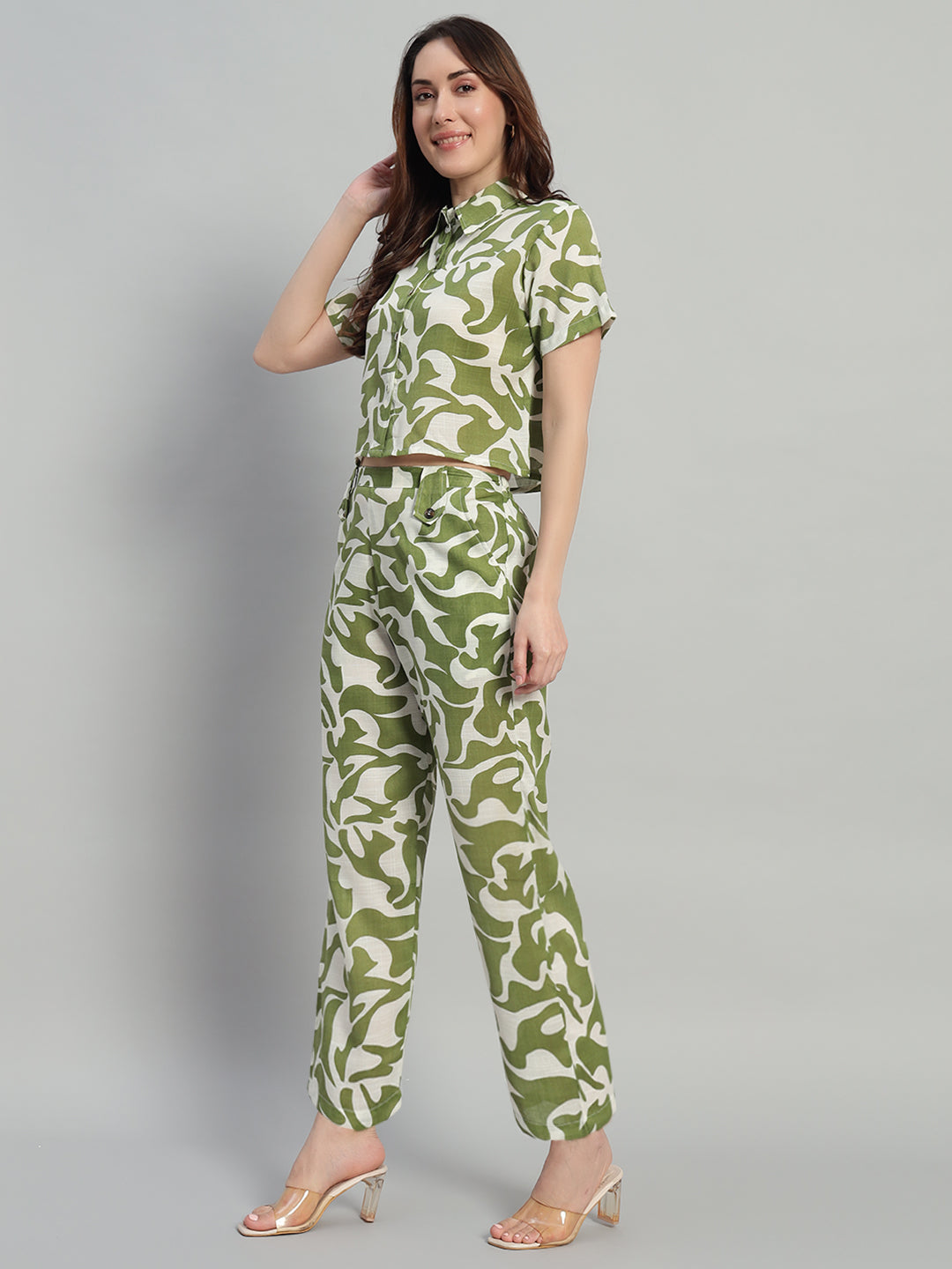 Women Olive Green Printed Shirt Co-Ords